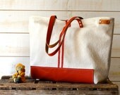 LEATHER COTTON Tote Bag  / Medium  French  tote bag  / Striped with Red Leather strap / Market tote Bag / Eco friendly