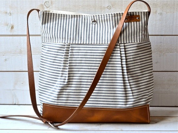 BEST SELLER Diaper bag / Messenger bag STOCKHOLM Gray  geometric nautical striped  Leather / Ikabags Featured on The Martha Stewart