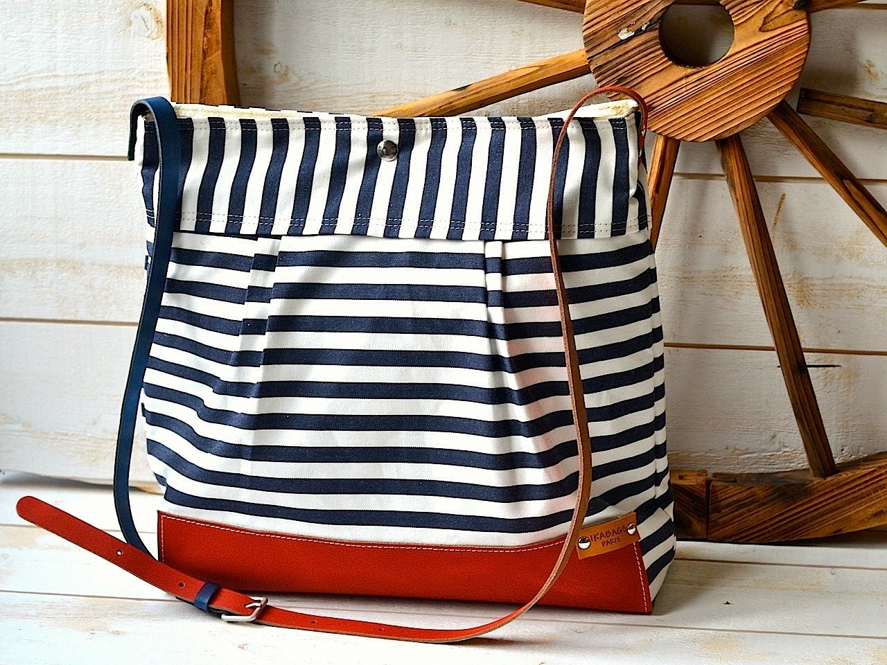 BEST SELLER Diaper bag / Messenger bag STOCKHOLM Navy blue and white geometric nautical striped  Leather / Featured on The Martha Stewart