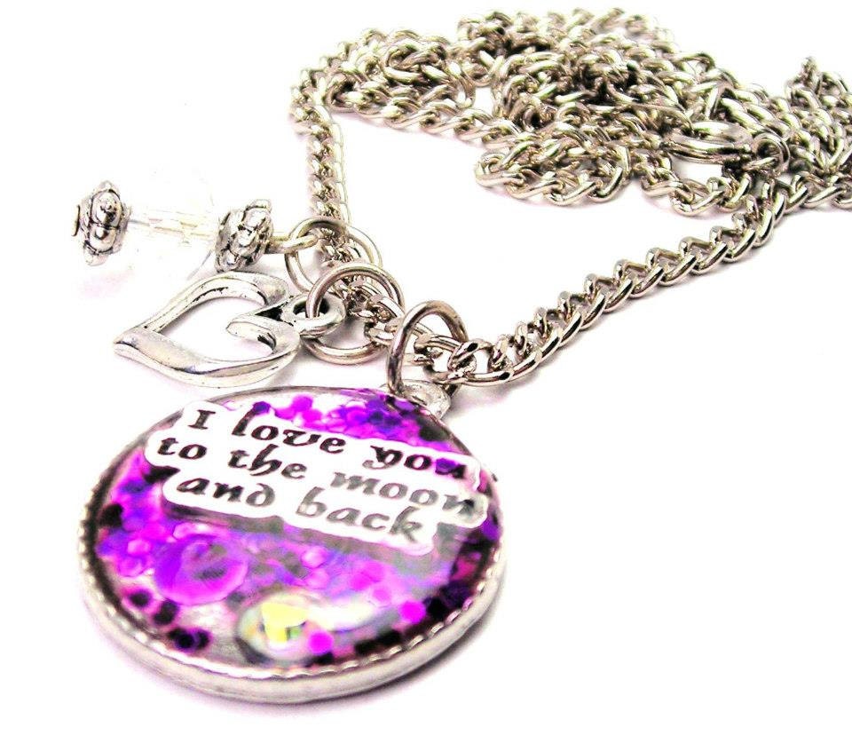 I Love You To The Moon And Back Purple Glitter Resin Necklace  with crystal beadwork Fast Free Ship