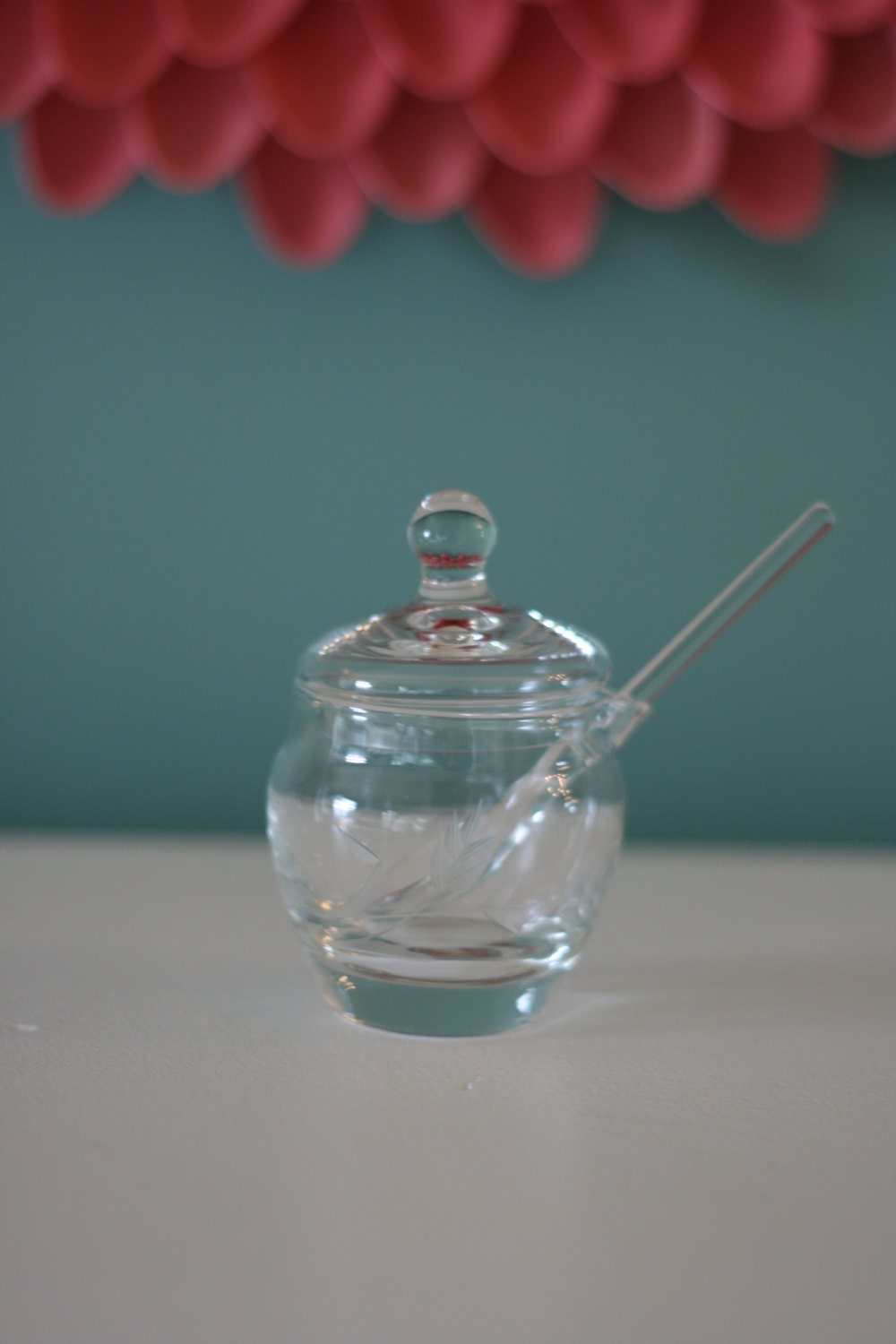 Vintage Clear Glass Condiment Jar, Jelly Jar with Glass Spoon and Lid
