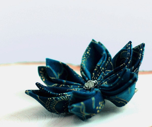 Peacock blue hair clip, teal blue hair flower, kanzashi hair clip, teal fascinator, peacock blue fascinator, floral hair piece - "Exotique"
