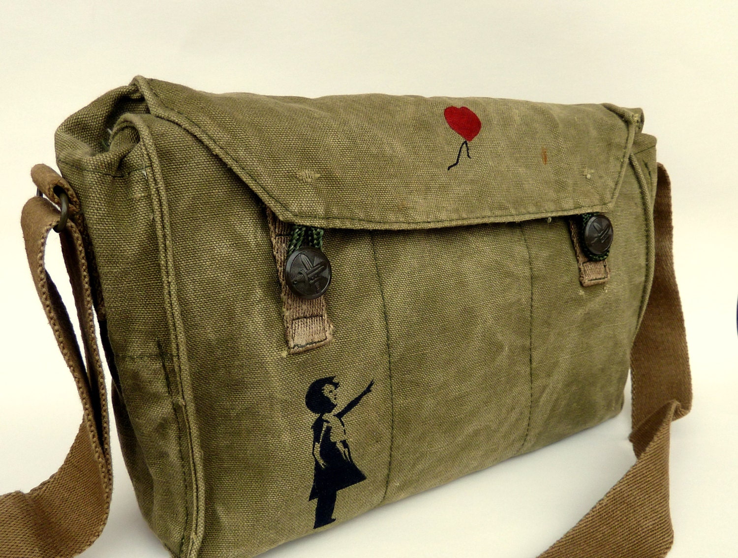 Banksy Girl With Red Balloon on a Vintage Military Messenger Bag