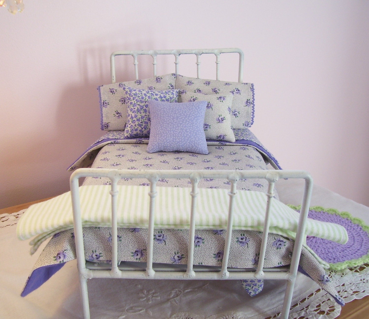 13 Piece Bed Linen Set for 1/6 Playscale Bed for Blythe, Pullip, or Barbie Size Dolls...Crochet Rug and Reversible Rug Included