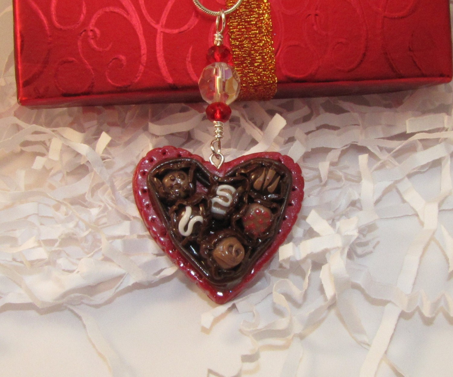 Box of Valentine's Day Chocolates - Polymer Clay Heart Necklace