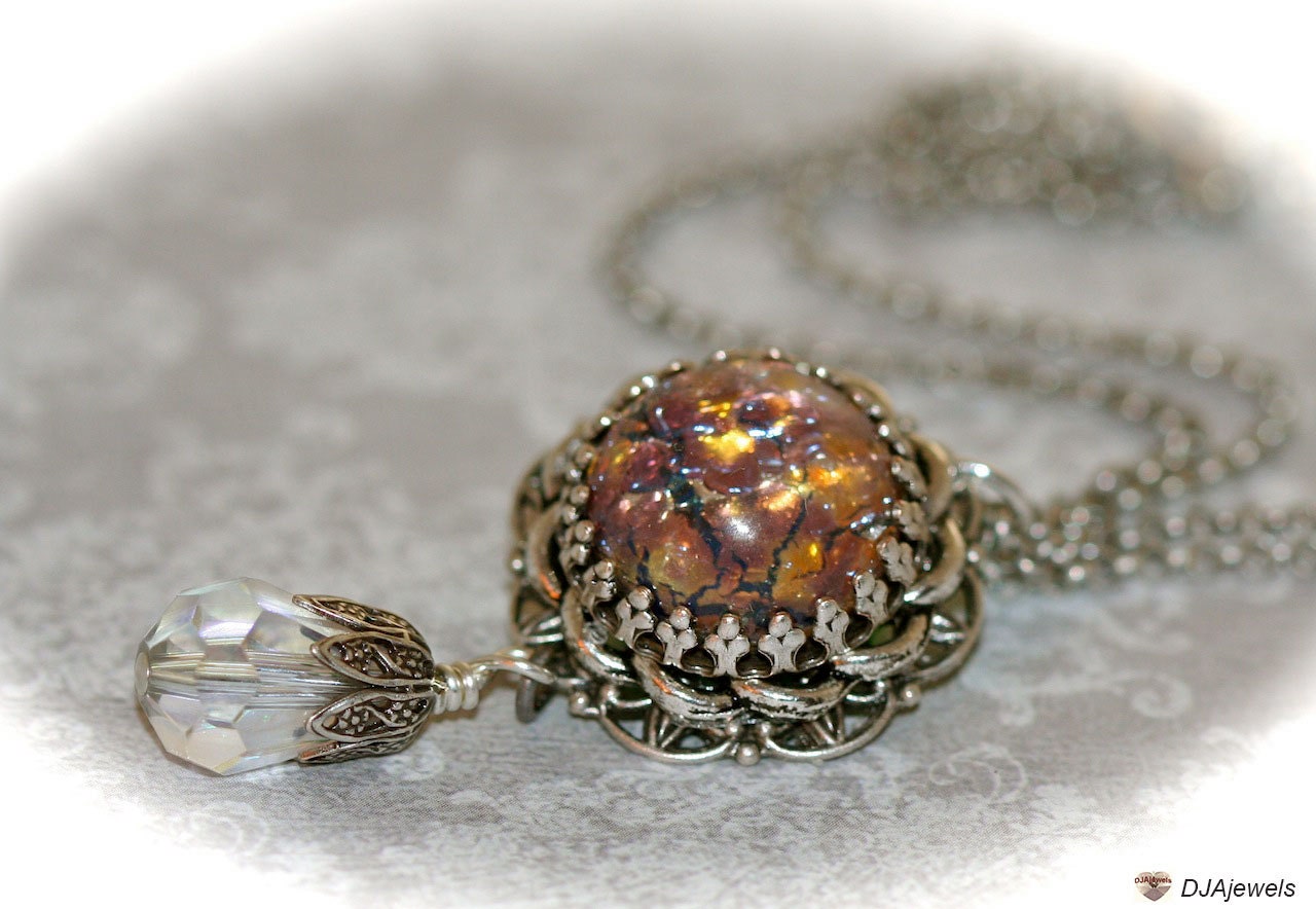 Fire Opal Necklace. Victorian Inspired.