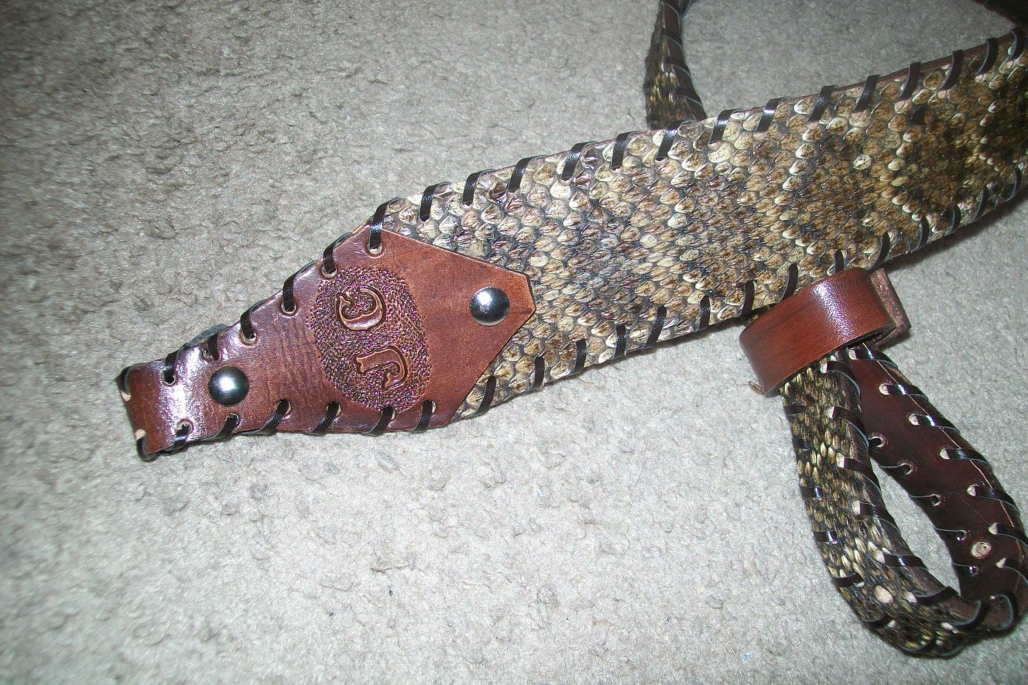Diamond Back Rattlesnake Skin Rifle Sling with Monogrammed Initials and Background Tooling