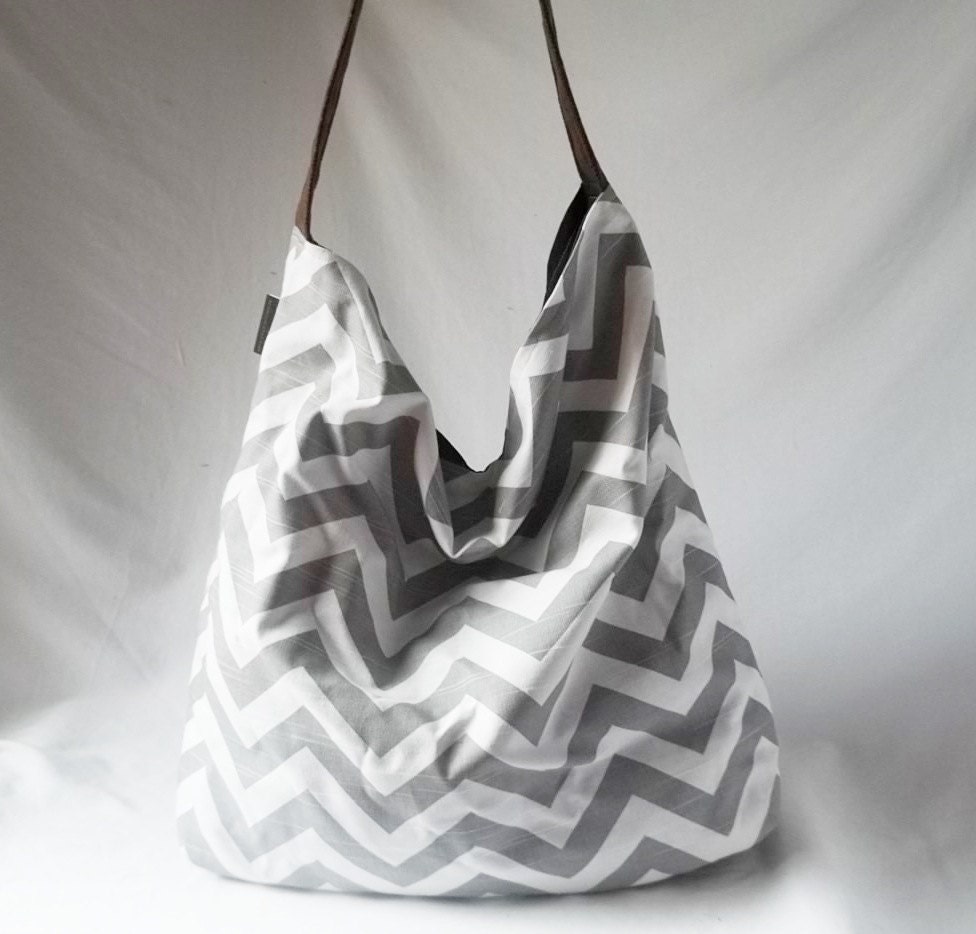 Grey Chevron Hobo - Zig zag handbag with Brown vegan suede strap - Handmade bags - Choose your color