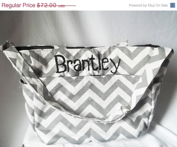 Weekend Sale - Chevron diaper bag with monogram - Grey zig zag medium weekender -Made to Order