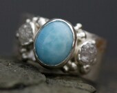 Sky Blue Larimar and Raw Diamonds in Hammered Sterling Silver Ring- Custom Made