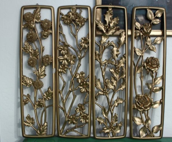 Vintage Set of 4 Dart Industries Gold Flower Wall Hangings