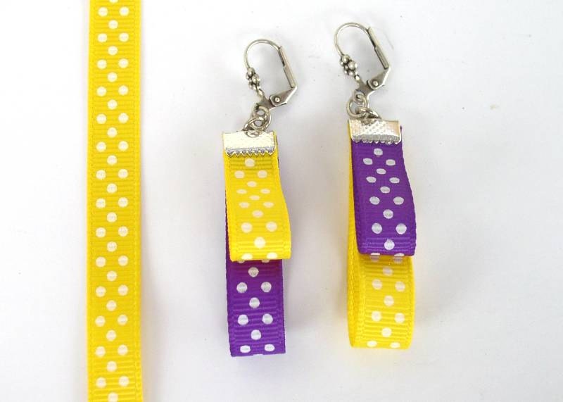 Purple and Yellow Polka Dots Ribbon Earrings