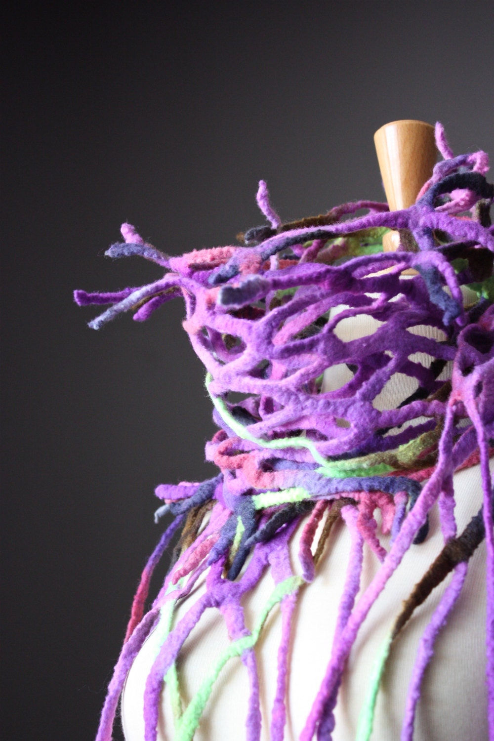 Felted scarf wool , Violet, neon Green, fish net scarf