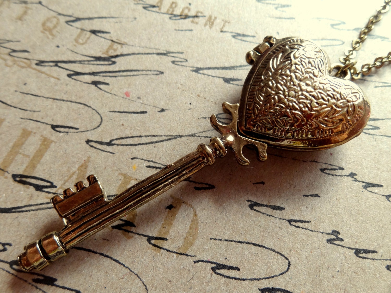 Victorian Heart Locket Key Necklace. Antiqued Brass Tone. You Hold the Key to My Heart.