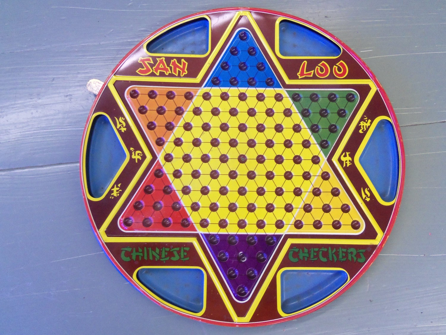Vintage Round Metal Chinese Checker Game In Original Box from Rustysecrets