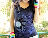 Owls and Jackalopes tshirt  - eco friendly blue and silver ink screenprint on black cotton scoop neck - sizes S, M, L, XL