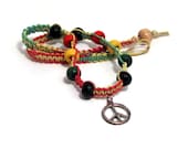 Rasta Hemp Necklace with Peace Sign Charm & Wood Beads