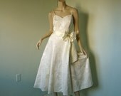 Ivory Brocade Full Skirt Dress- 50's Style Sleeveless Circle Dress- Off White- 1990's Wedding or Prom