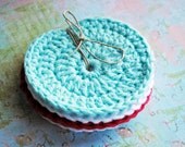Set of 4 Cotton Crochet Coasters - Light Blue White Red - Ready to Ship