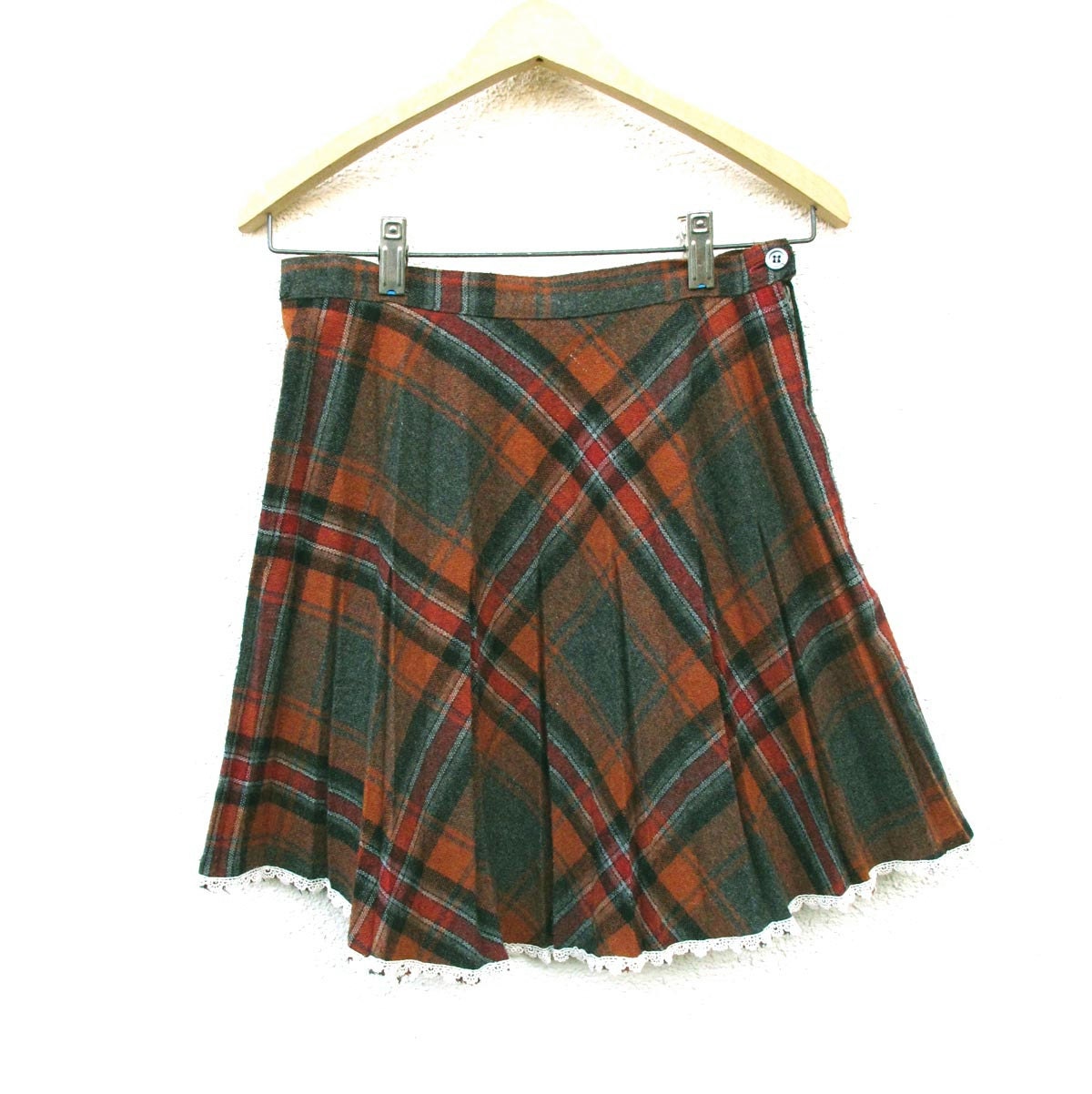 70s Vintage Pleated Mini Skirt Rust Gray Plaid Wool Blend Lace Trim Size Med, 25 26 inch waist