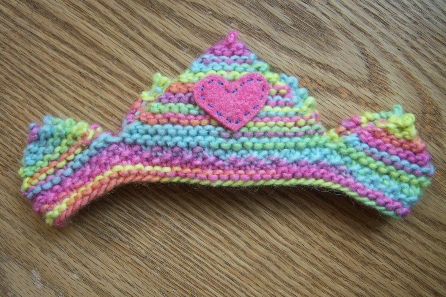 Waldorf Crown - Birthday Crown - Made of Pastel Rainbow Plant Dyed Knitted Wool with Pink Plant Dyed Wool Felt Appliqued Heart