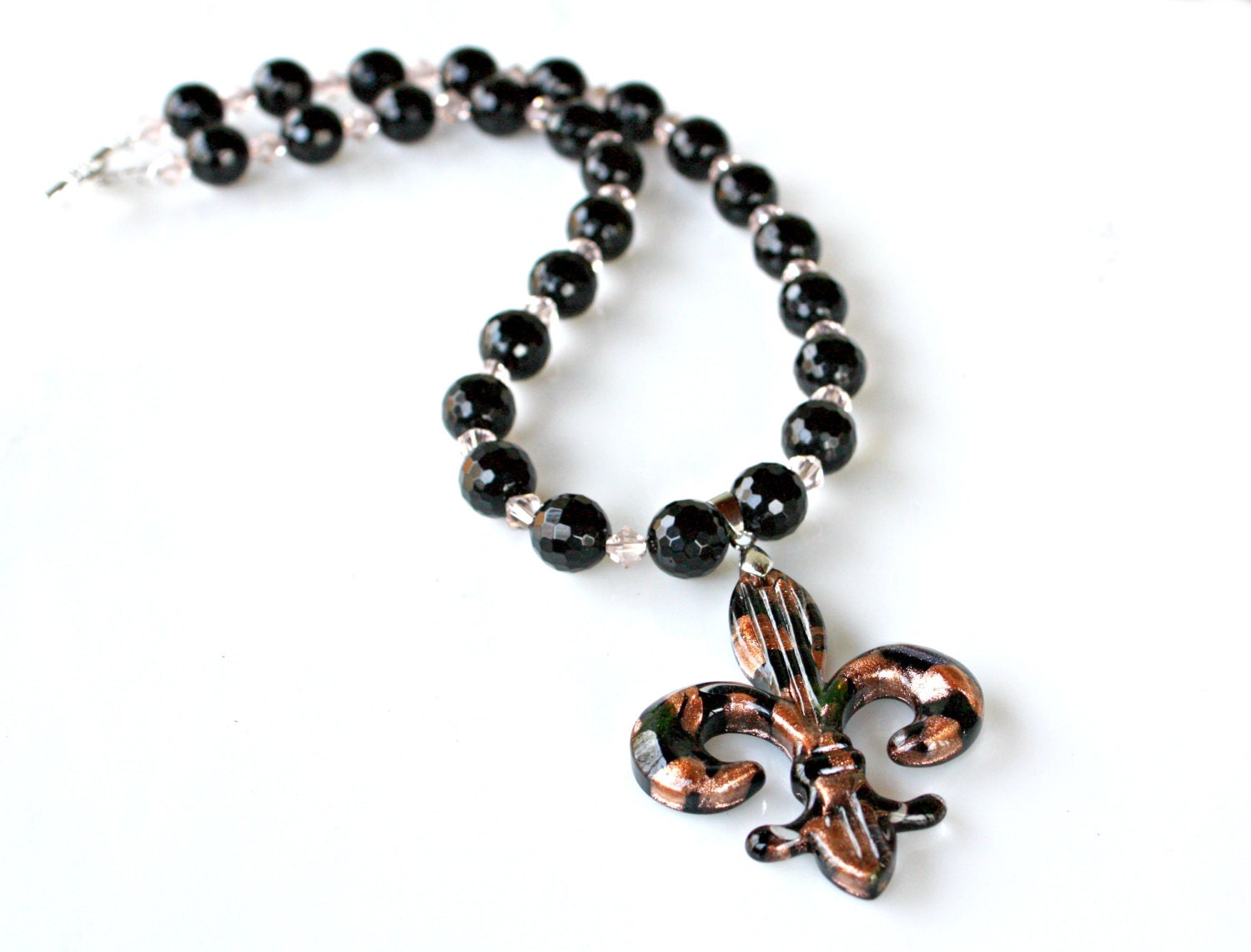 Fleur De Lis FRENCH Necklace - Unique Black & Copper Lampwork Glass Pendant with Black Agate Gemstones by Mei Faith