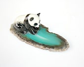 Panda Sculpture - Miniature Panda Figurine on Bamboo Green Agate Home Decor Collectible by Mei Faith