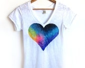 The Original "Splash Dyed" Hand PAINTED Heart White Burnout Deep V Tee Shirt in Spectrum Rainbow - S M L XL 2XL