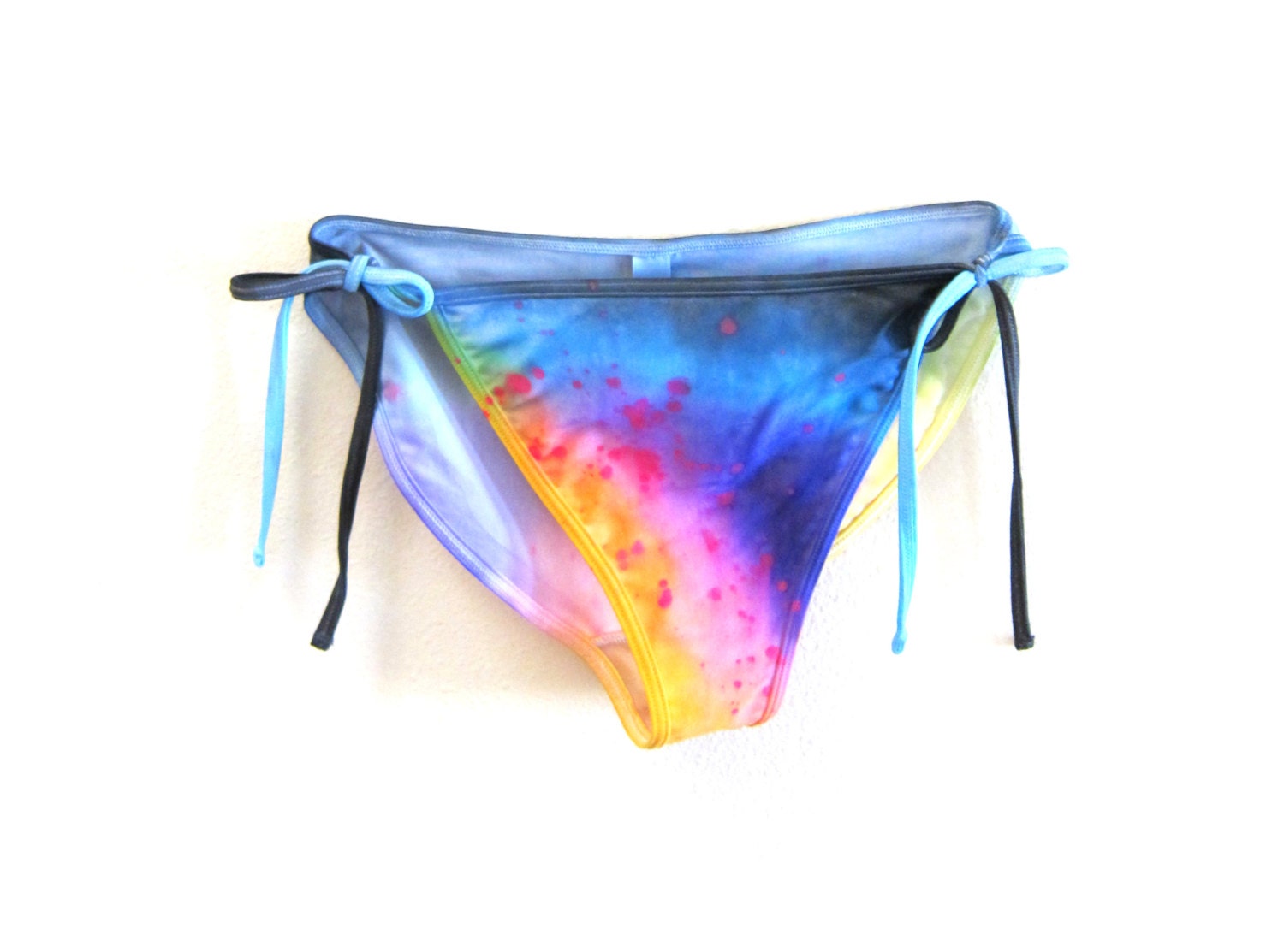 The Original "Splash Dyed" Hand PAINTED Low Cut Side Tie Bikini Swimsuit Bottoms in White Spectrum Rainbow - XS S M L XL