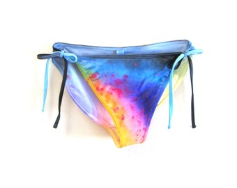 The Original "Splash Dyed" Hand PAINTED Low Cut Side Tie Bikini Swimsuit Bottoms in White Spectrum Rainbow - XS S M L XL