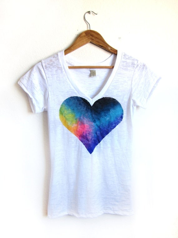 The Original "Splash Dyed" Hand PAINTED Heart White Burnout Deep V Tee Shirt in Spectrum Rainbow - S M L XL 2XL