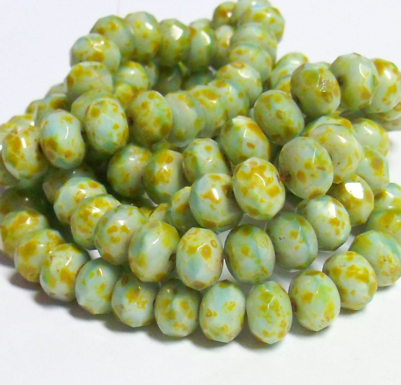 Czech Glass Faceted Fire-Polished Rondelle - 8x6mm - Opaque Pale Blue-Green Picasso - 25 beads