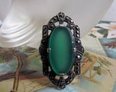 Vintage Art Deco Chrysoprase and Marcasite Ring