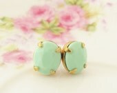Mint Green Post Earrings - Petite Faceted Vintage Oval Glass Jewel Surgical Steel Post Earrings -Preppy, Wedding, Bridal, Bridesmaid