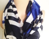 Navy  Blue White Loop Scarf Shawl Neckwarmer Stripe Scarf