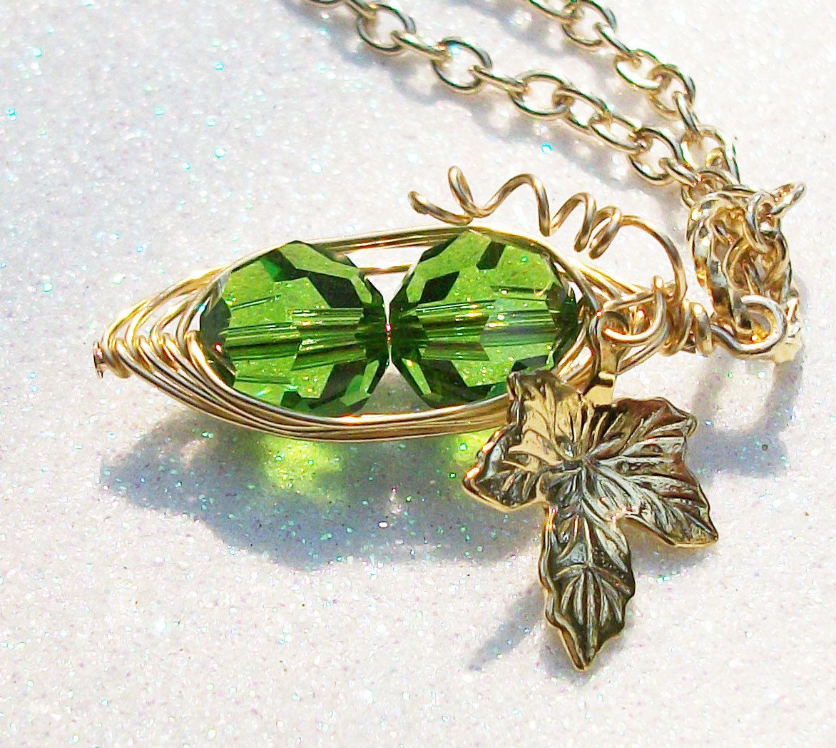 Two Peas in a Pod Green Swarovski Crystals - gold pod with vine and leaf. Personalized  best friends brides bridesmaids gift weddin