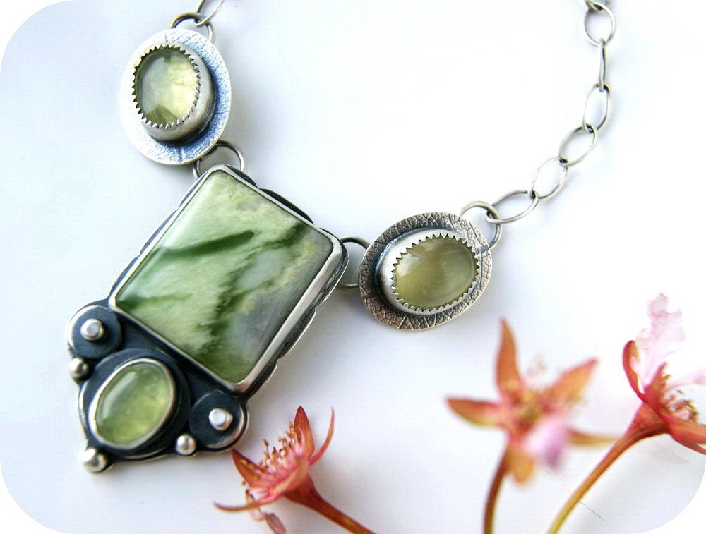 The Eye of the Forest - Serpentine and Prehnite Sterling Silver Necklace