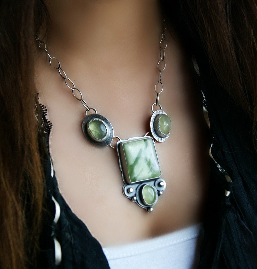 The Eye of the Forest - Serpentine and Prehnite Sterling Silver Necklace
