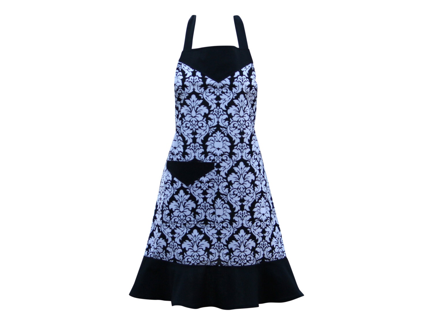 Ladies apron with frill in stylish Dandy Damask fabric