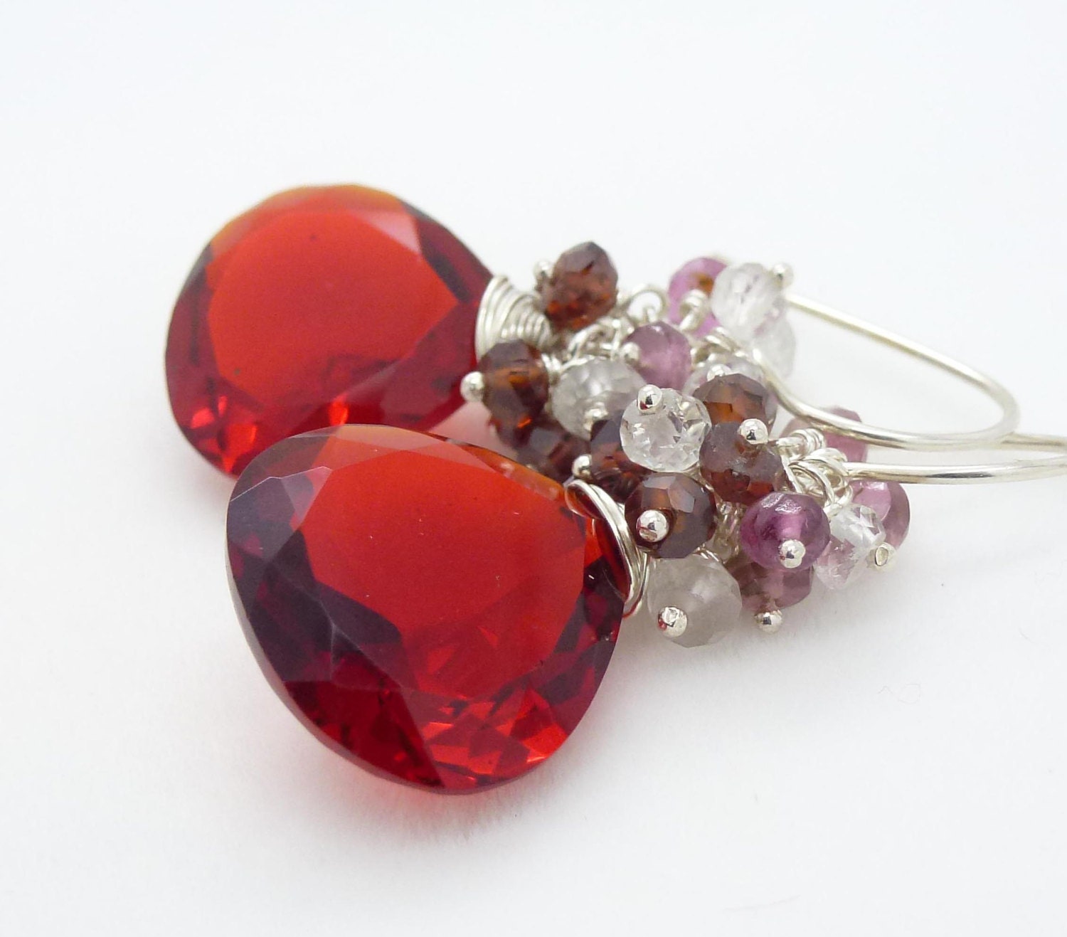 Silver and dark red earrings, Red quartz and garnet earrings, Sterling silver, Pink and Red cluster earrings, Dark red jewelry