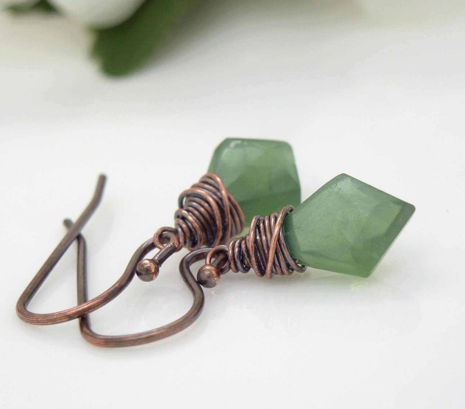 Wire wrapped Copper earrings, Dark green garnet earrings