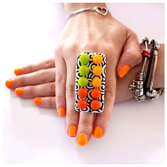Cocktail Ring Glass Ceramic,  big bold handmade retro ring,  TRIPPING OUT  2.3 inch