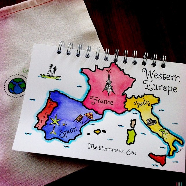 Hand Drawn and Watercolored Map Design Travel Journal