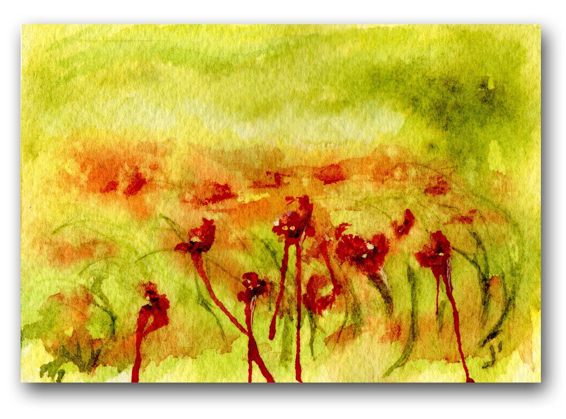 ACEO original watercolor, Abstract Az Desert, green, orange, red,  FREE shipping U.S.A.