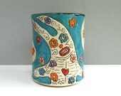 Sugar Skull Rabbit Mug, Large, Colorful, Turquoise Blue With Bunny