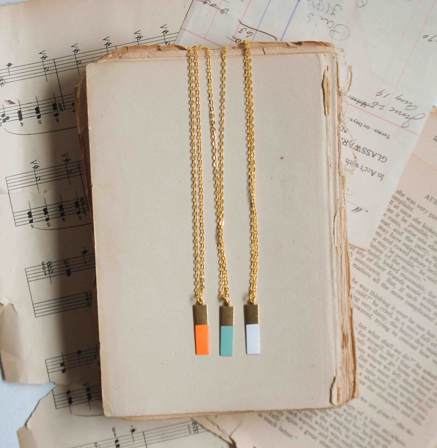 Geometric Hand Painted Golden Bar NECKLACE Mint Green White Orange Modern