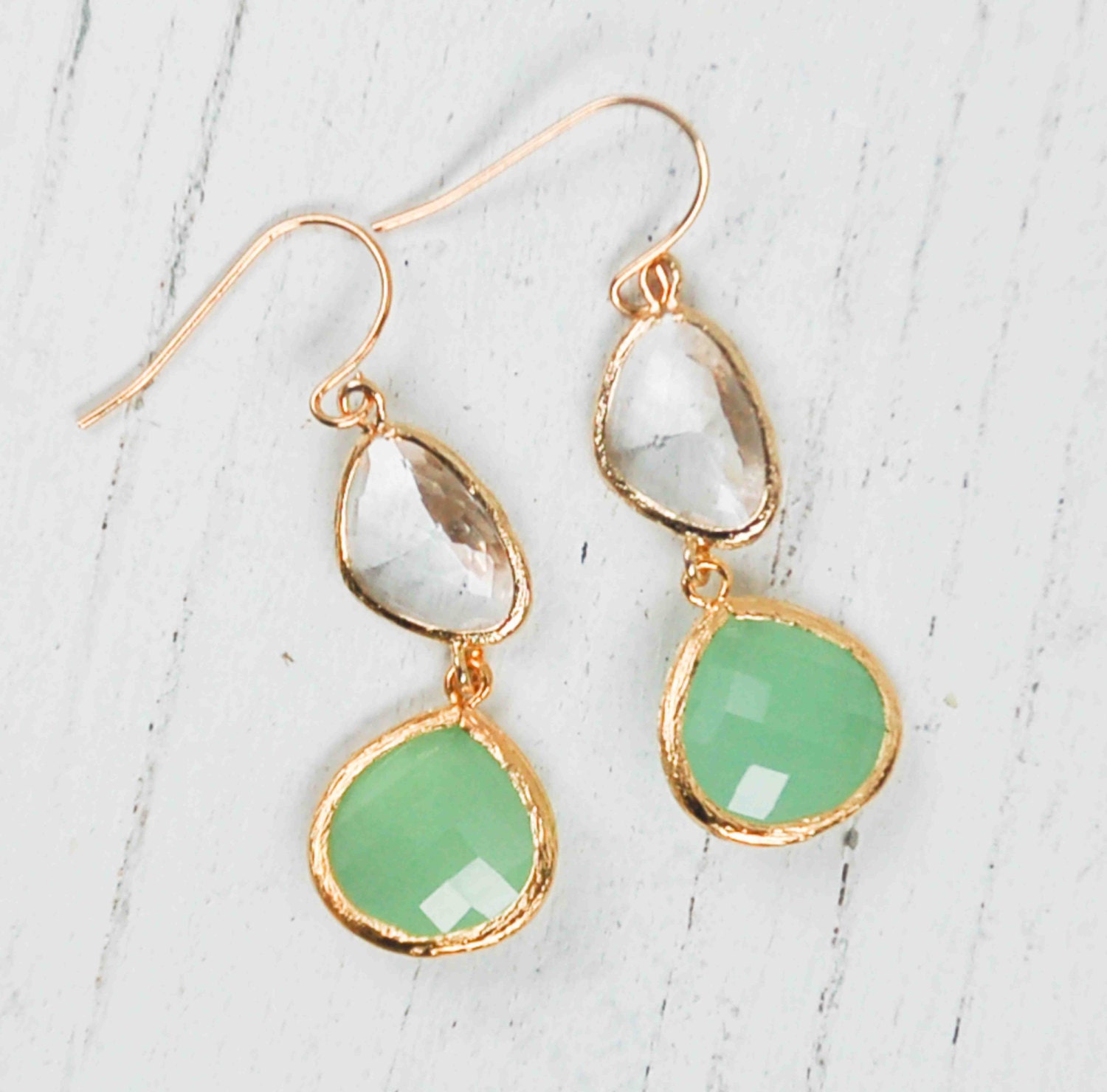 Sea-Foam GREEN EARRINGS Crystal Glass Bridal Estate Style Hollywood Style