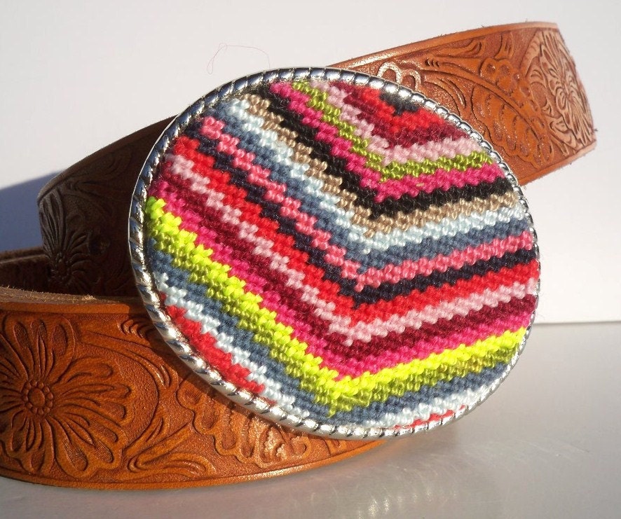 Needlepoint Multi Striped Chevron Belt Buckle