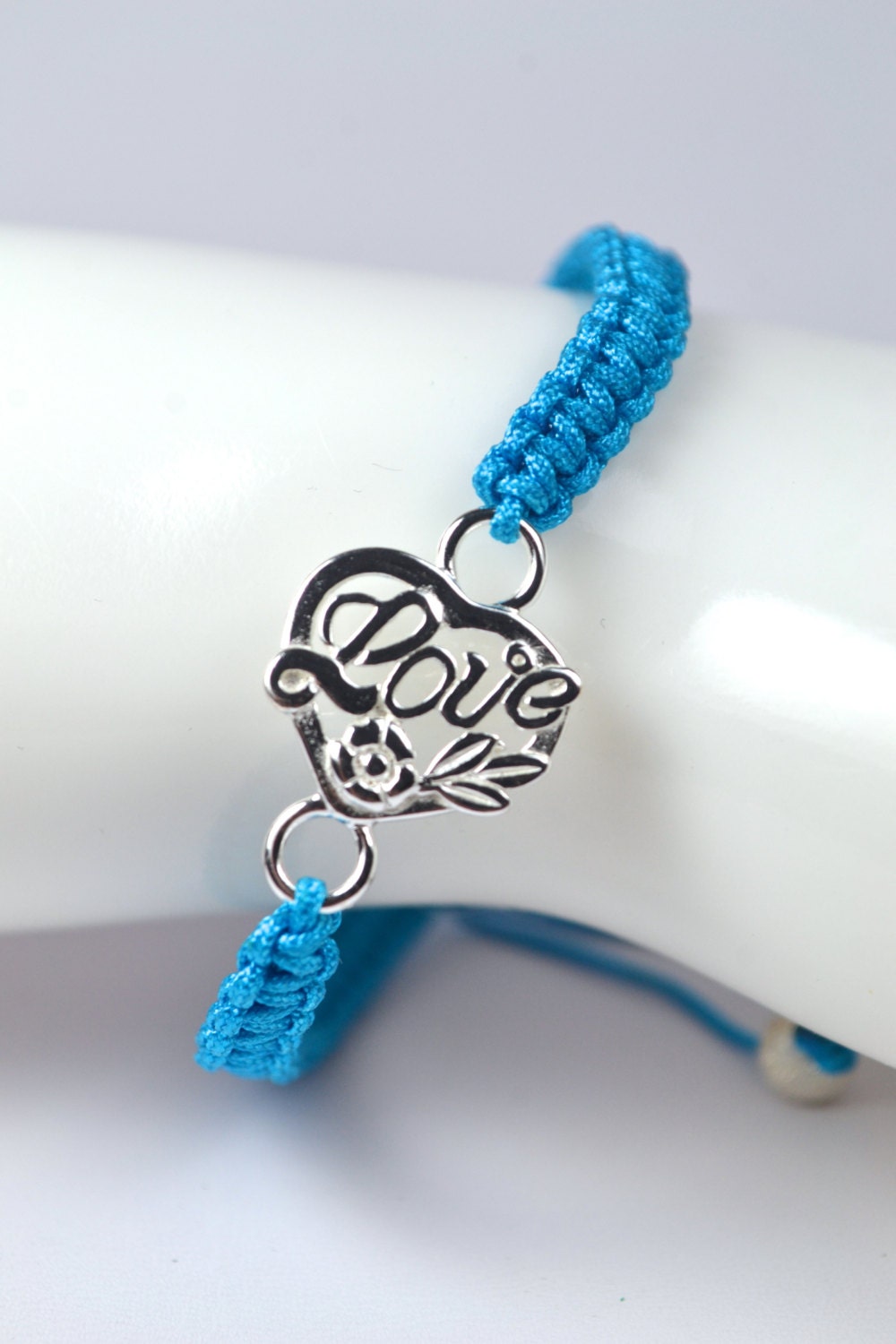 Sterling Silver Turquoise Love Adjustable Nylon Cord Bracelet