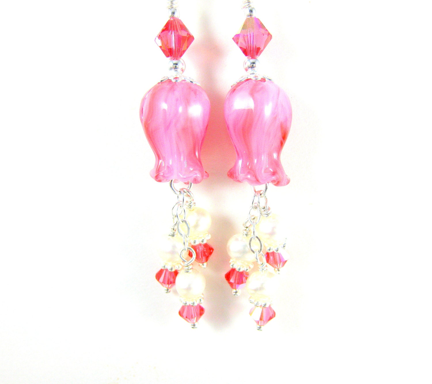 Coral Pink Flower Earrings, Pink Peach Tulip Lampwork Earrings, Crystal Pearl Dangle Earrings, Salmon Pink Beadwork Earrings - Coral Roses